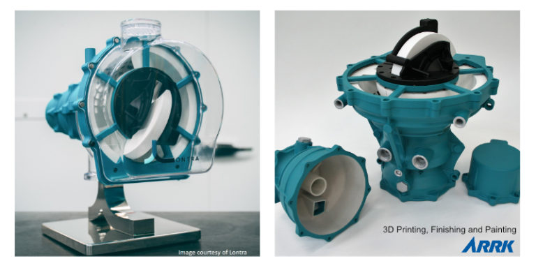 Kompressormodell im 3D-Druck- SLS Teil lackiert in grün und SLA in transparent LONTRA